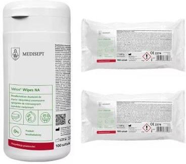 Zestaw produktów Medisept - Velox Wipes NA, bezalkoholowe chusteczki do mycia i dezynfekcji powierzchni - puszka i 2 wkłady, 300 szt.