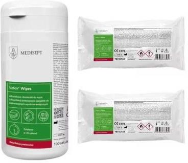 Zestaw produktów Medisept - Velox Wipes, alkoholowe chusteczki do mycia i dezynfekcji powierzchni - puszka i 2 wkłady, 300 szt.
