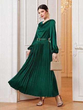 Długi Rękaw Satyna KR1 NF9__S Shein Zielona Plisowana Maxi Sukienka