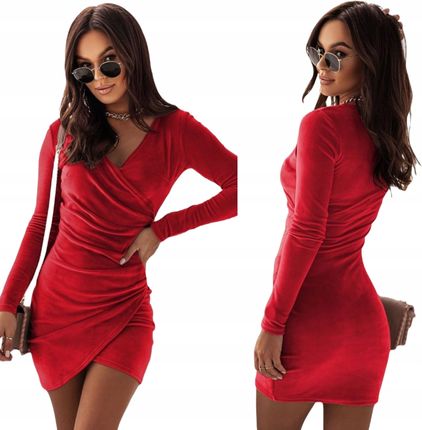 Welurowa sukienka mini na zakładkę czerwony S