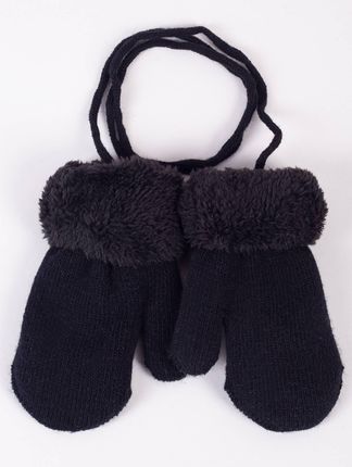 Rękawiczki dziewczęce jednopalczaste ze sznurkiem czarne z futrzanym mankietem