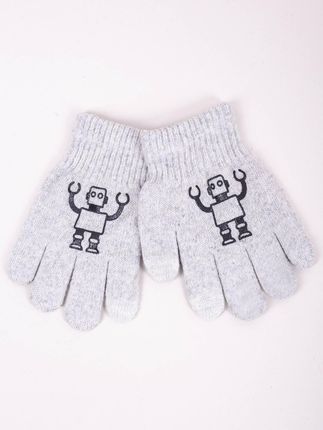 Rękawiczki chłopięce pięciopalczaste jasnoszare z robotem dotykowe
