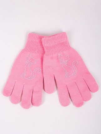 Rękawiczki dziewczęce pięciopalczaste z jetami różowe z kotkiem