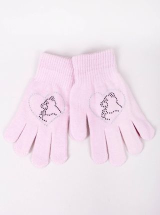 Rękawiczki dziewczęce pięciopalczaste z jetami różowe z misiem