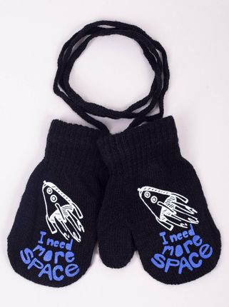 Rękawiczki chłopięce jednopalczaste ze sznurkiem czarne z rakietą