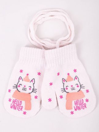 Rękawiczki dziewczęce jednopalczaste ze sznurkiem różowe z kotkiem