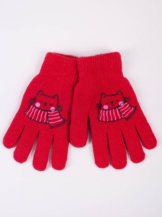 Rękawiczki dziewczęce pięciopalczaste dwuwarstwowe czerwone z kotkiem