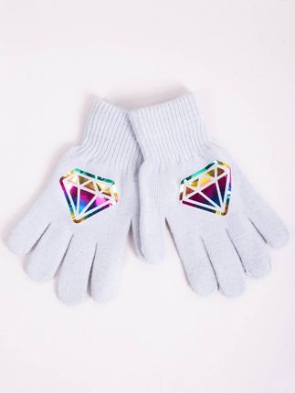 Rękawiczki dziewczęce pięciopalczaste z odblaskiem szare z diamentem