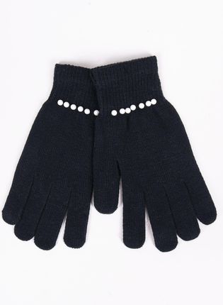 Rękawiczki damskie pięciopalczaste czarne z perłami