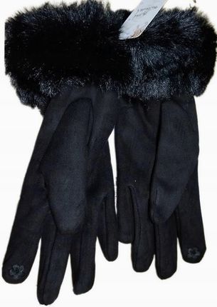 Rękawiczki damskie zimowe ocieplane futerkiem zamsz ekologiczny czarne