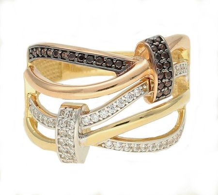 Diament Złoty pierścionek 585 szeroki z cyrkoniami Dwukolorowa złota plecionka