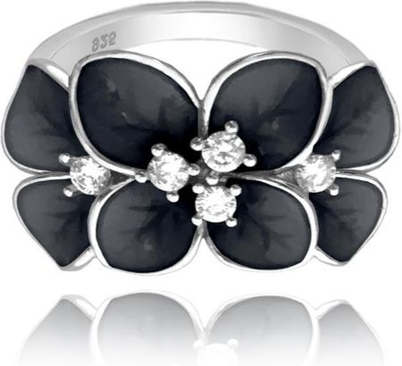 Minet Czarny kwiecisty pierścien srebrny FLOWERS z białymi cyrkoniami wielkość 17