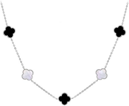 Diament Srebrny naszyjnik damski 925 koniczynka z białą masą perłową i onyksem