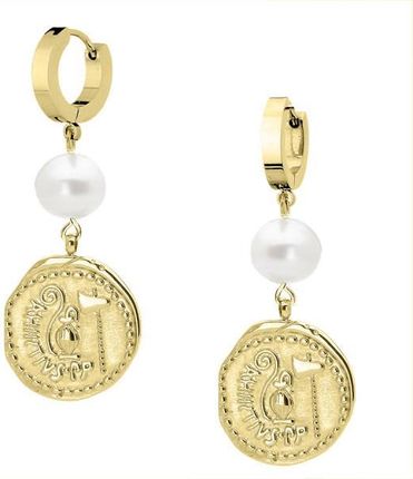 Manoki Eleganckie złote kolczyki koła z perłami i monetą