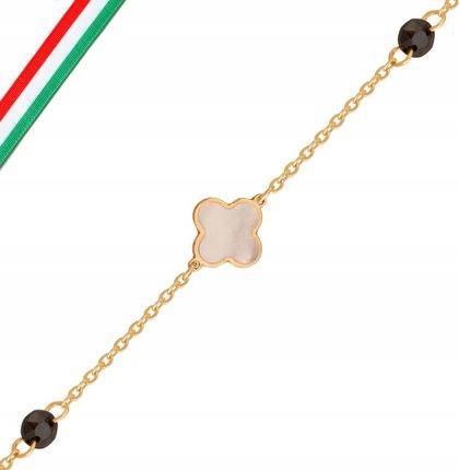 Lovrin Złota bransoletka 585 koniczynka z czarnymi cyrkoniami i masą perłową