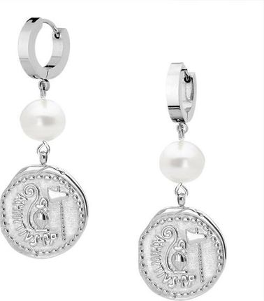 Manoki Eleganckie srebrne kolczyki koła z perłami i monetą ze stali