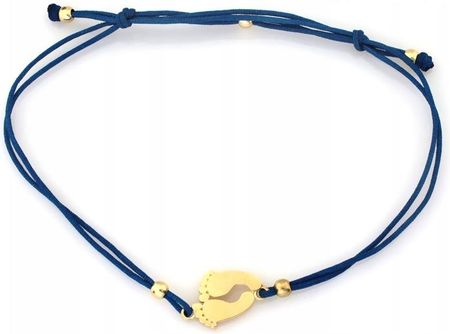 Lovrin Bransoletka złota sznurkowa 585 złote stópki na niebieskim sznurku