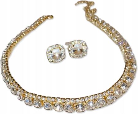 Lovrin Złoty komplet biżuterii kolia choker z białymi kryształkami białe kolczyki