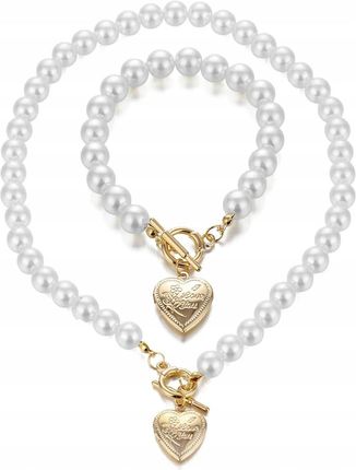 Lovrin Złoty komplet biżuterii białe perełki z pozłacanym sercem serce puzderko