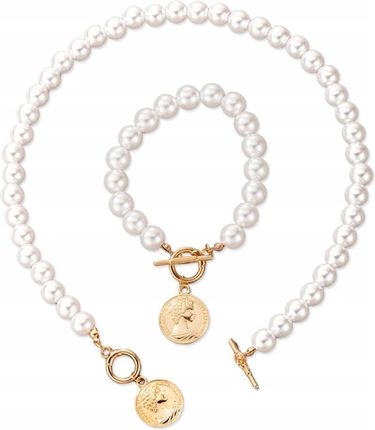 Lovrin Złoty komplet biżuterii białe perełki z pozłacaną antyczną monetą