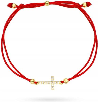 Lovrin Damska bransoletka 585 złoty krzyżyk z cyrkoniami na czerwonym sznurku 14k
