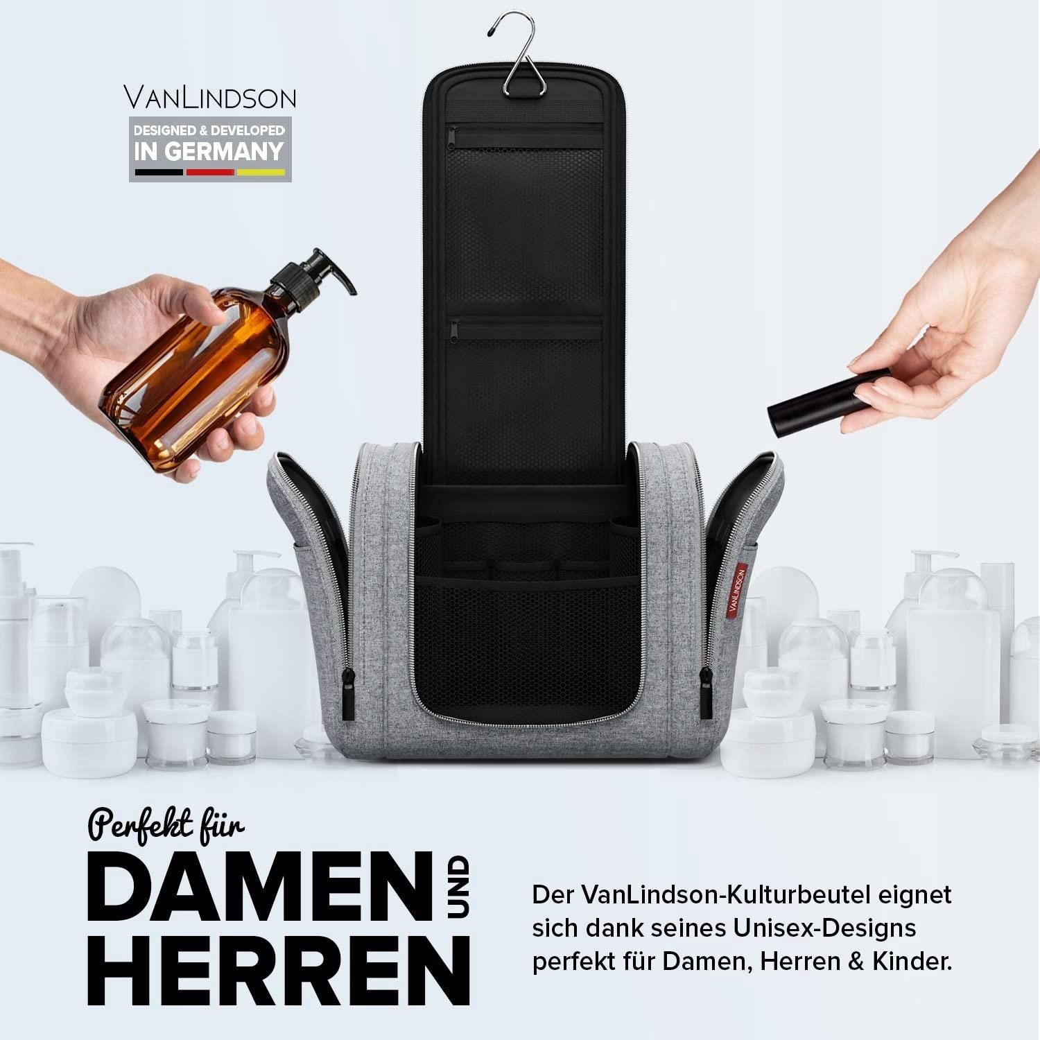 Vanlindson Kosmetyczka XXL Jas Szara Rozbudowana Hak Lusterko