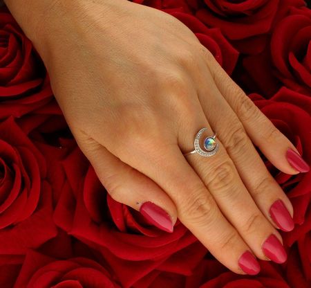 Diament Srebrny pierścionek damski 925 księżyc z kolorową cyrkonią