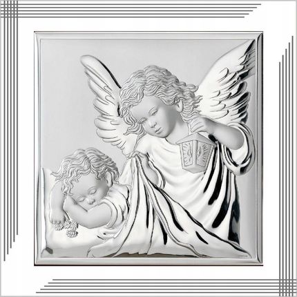 Valenti Srebrny obrazek na chrzest z aniołem stróżem pamiątka chrztu 17x17 cm