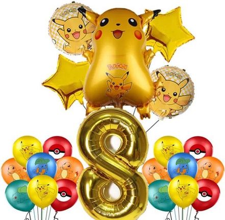 Duży Zestaw Balon Foliowy Pokemon Go Pikachu 8 Ósme Urodziny 26szt. 1638020014