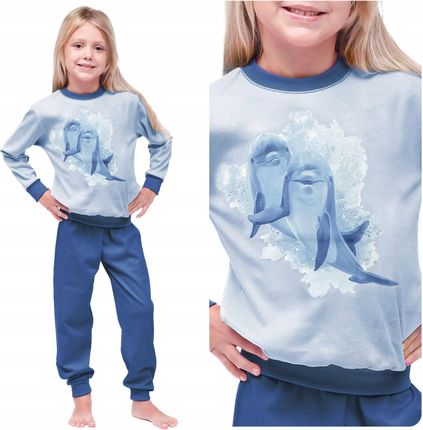 Piżama dziewczęca dziecięca niebieska delfinki długi rękaw ciepła miła 140