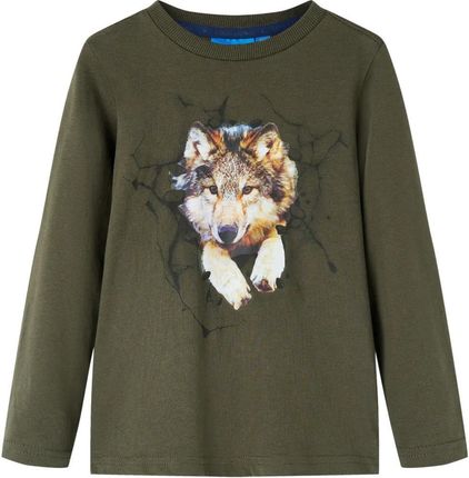 Koszulka dziecięca z długimi rękawami, z wilkiem, khaki, 104