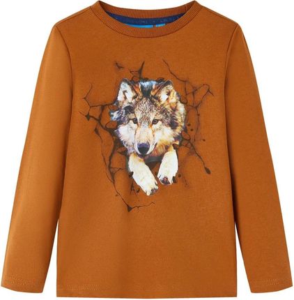 Koszulka dziecięca z długimi rękawami, z wilkiem, koniakowa, 116