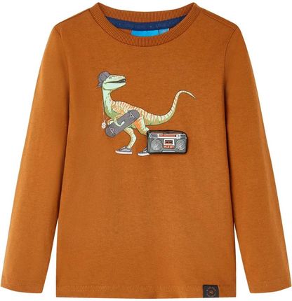Koszulka dziecięca z długimi rękawami, nadruk dinozaura, koniak, 92