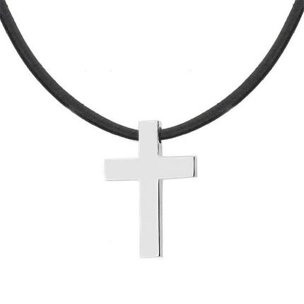 Manoki Elegancki naszyjnik z krzyżykiem – srebrny krzyż ze stali szlachetnej na czarnym rzemieniu