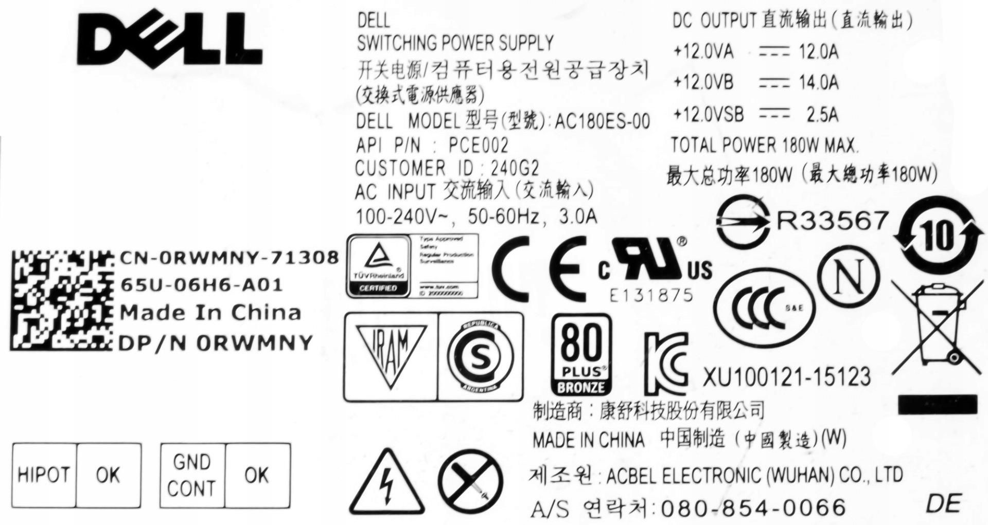 Alimentatore Dell Precision 3420 SFF 180W – Modello 0TDFTP TDFTP, Usato