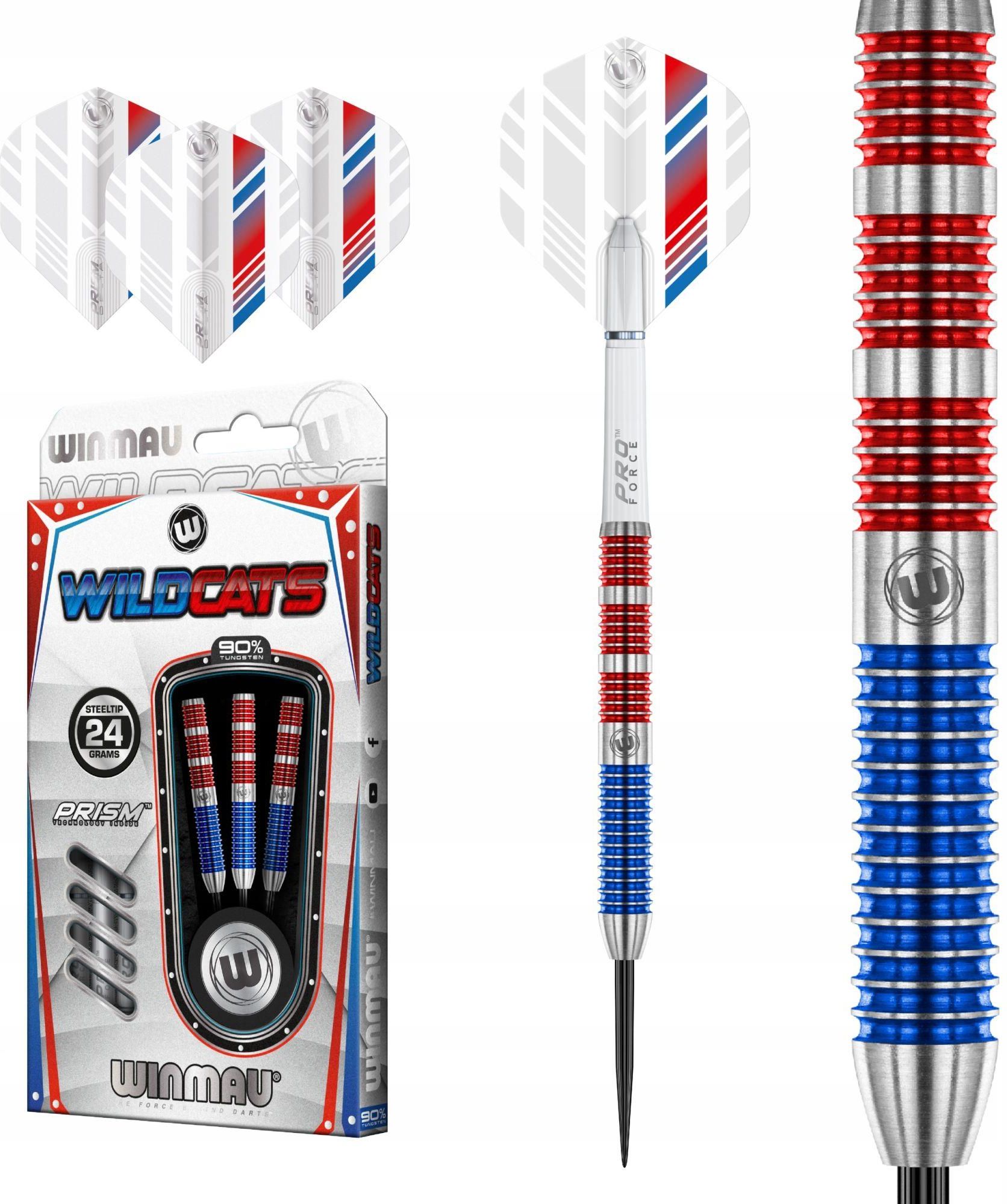 Winmau Wildcats – Set Freccette Acciaio 22g, 90% Tungsteno, Con Alette E Steli Pro Force – Per Giocatori Esigenti