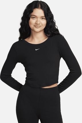 Damska przylegająca koszulka z długim rękawem i półokrągłym tyłem w drobny prążek Nike Sportswear Chill Knit - Czerń