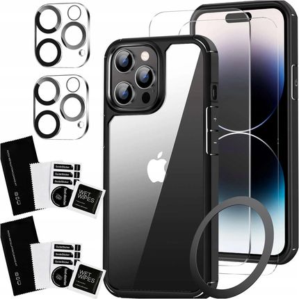 Etui do iPhone 15 Pro Obudowa Case +2x szkło na ekran i 2x obiektyw + Ring pancerne Alogy 360 Hybrid Set 6w1 czarno-przezroczyste