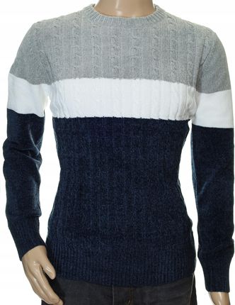 Sweter męski szenilowy klasyczny w paski okrągły pod szyją M