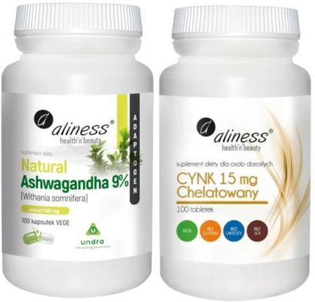 Tabletki Natural Ashwagandha 580 mg 9% x 100 Vege caps. + Cynk chelatowany 15 mg x 100 szt.