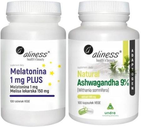 Kapsułki Zestaw Aliness Natural Ashwagandha 580 mg 9% x 100 Vege caps. + Melatonina 1 mg PLUS Melisa lekarska 150 mg