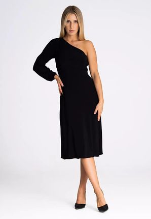 Czarna sukienka midi na jedno ramię (Czarny, S)
