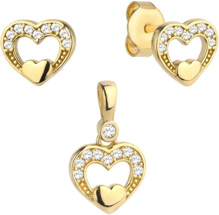Biżuteria Gabor Złoty Komplet Kolczyki I Wisiorek Serce W Sercu Z Cyrkoniami 585