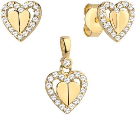 Biżuteria Gabor Złoty Komplet Kolczyki I Wisiorek Serce 3D Z Cyrkoniami 585
