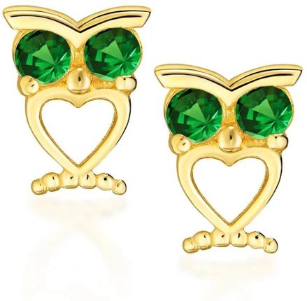 Biżuteria Gabor Złote Kolczyki Sówki Z Sercem I Zielonymi Cyrkoniami 585