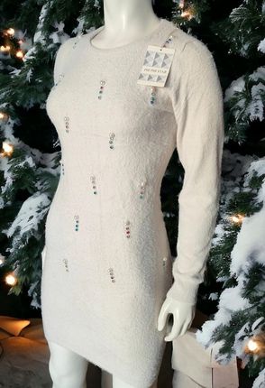 Sukienka sweterkowa alpaka beż perełki i cyrkonie
