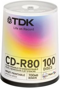 Nośnik danych TDK CD-R Inkjet Printable 100-pack (CD-R80PWWCBA100 ...