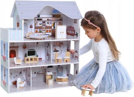 Ecotoys Piękny Domek Dla Lalek Drewniany Z Mebelkami 5 Pokoi Balkon Domki Dzieci