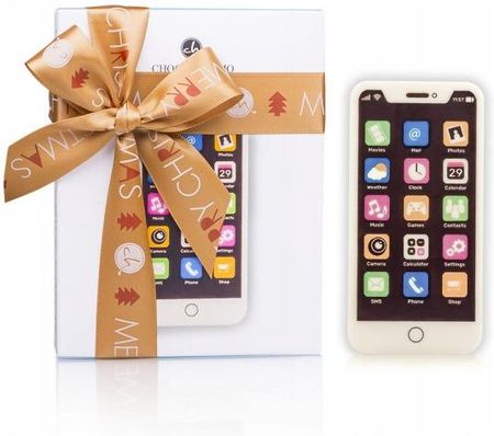Chocolissimo Płaska Figurka Smartphone Z Białej Czekolady I Złotą Świąteczną Wstążką