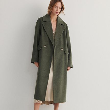Reserved - Dwurzędowy płaszcz z dodatkiem wełny - Zielony